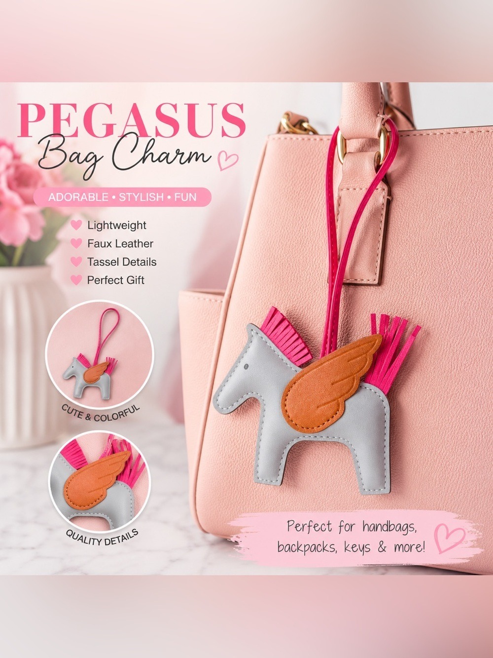 Horse Pegasus Bag Charm Purse Charm Gray Pink Tassel Rodeo Style